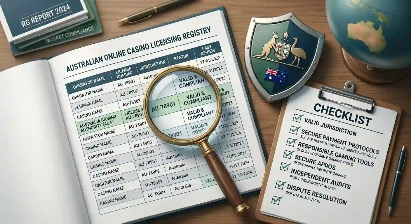 Editorial illustration about licence verification, trust checks and Australian online casino regulation