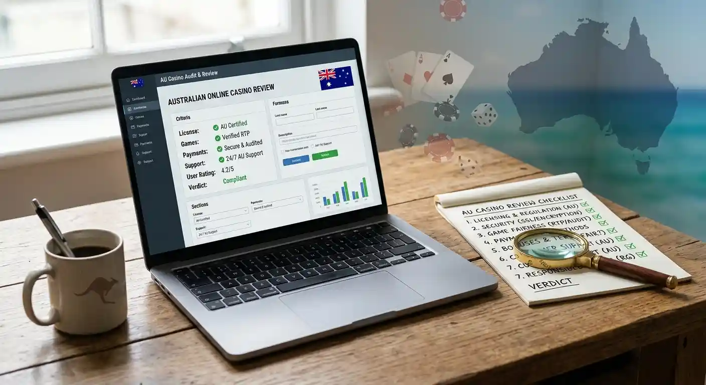 Editorial illustration representing an Australian online casino review and verification process without brand logos or interface captures
