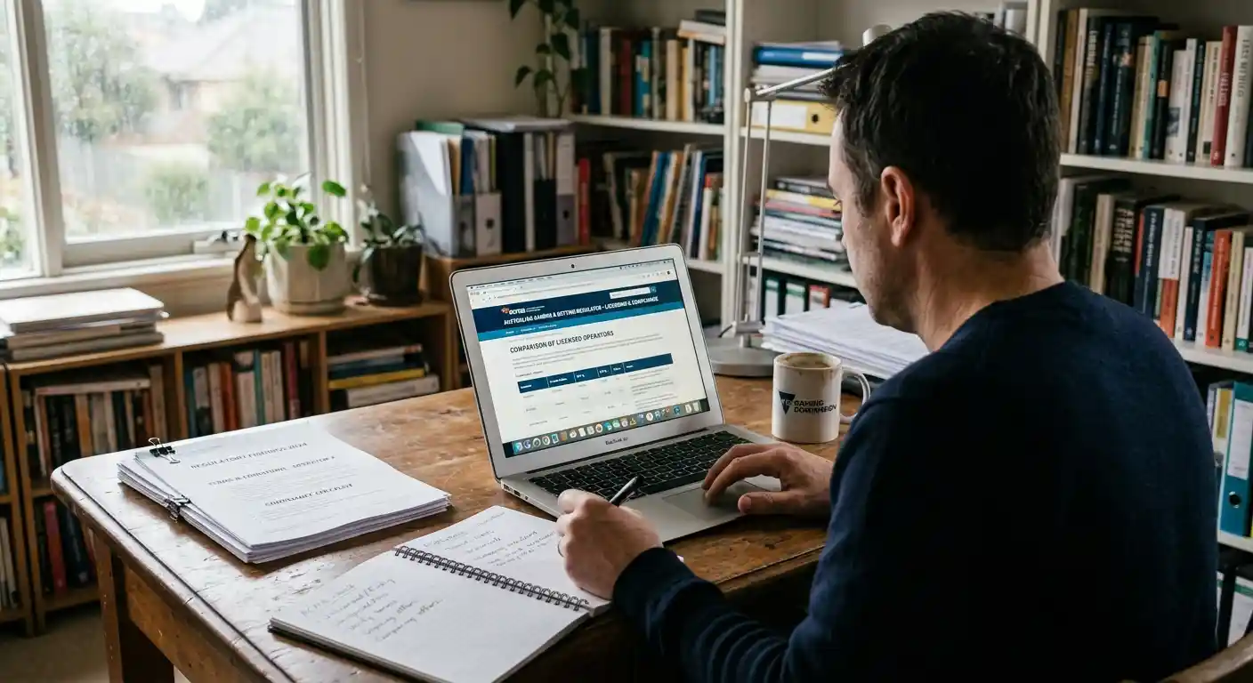 Editorial illustration of an Australian reader comparing regulatory information and casino terms on a laptop